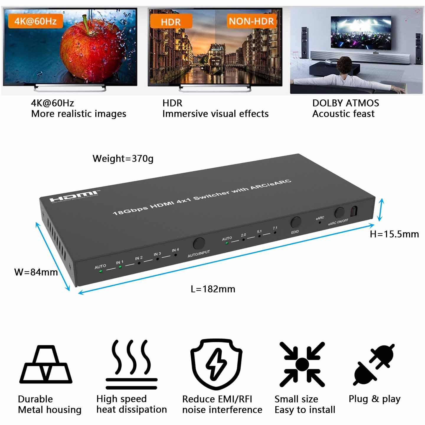 4K HDMI Switch 4 in 1 out HDMI eARC Audio Converter Transmitter size