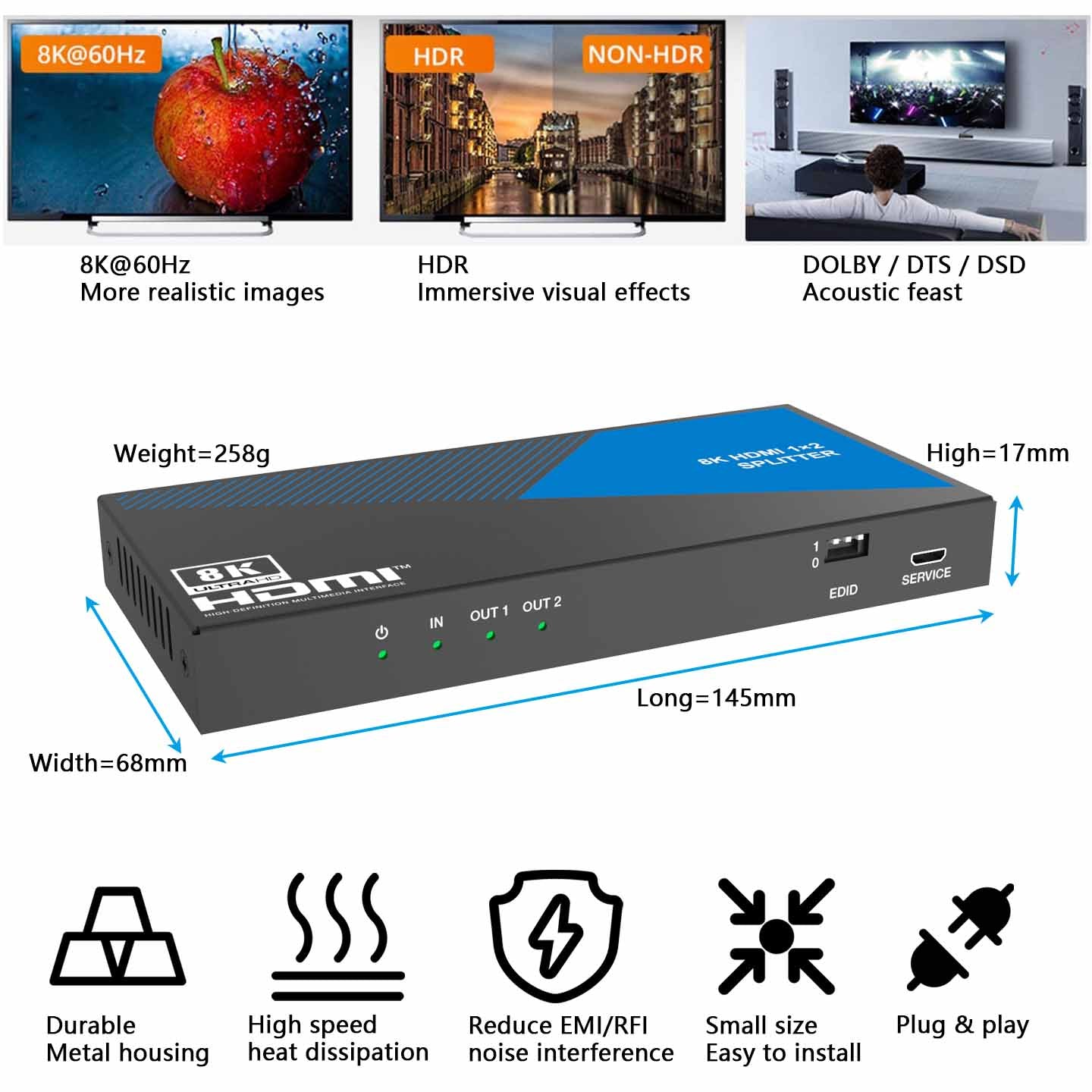 8K HDMI Splitter 1 in 2 out Audio Extractor feature