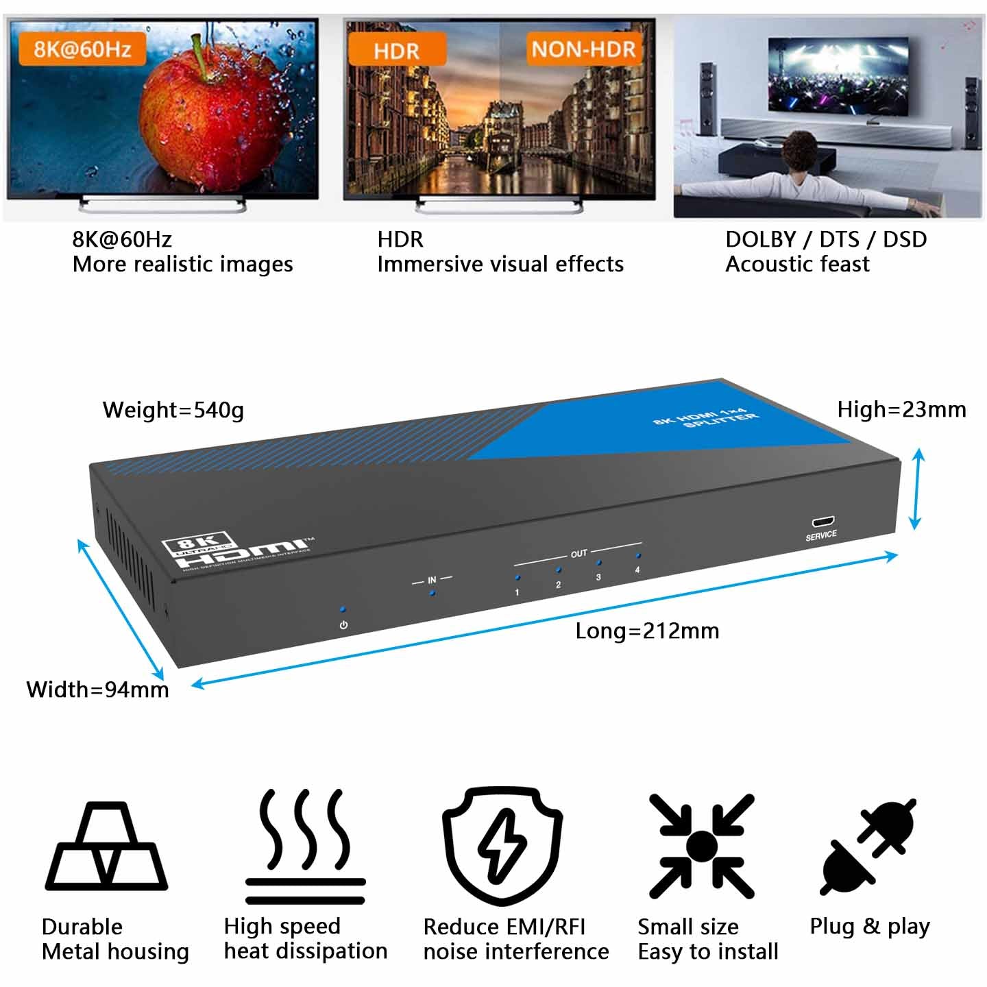 8K HDMI Splitter 1 in 4 out Audio Extractor feature
