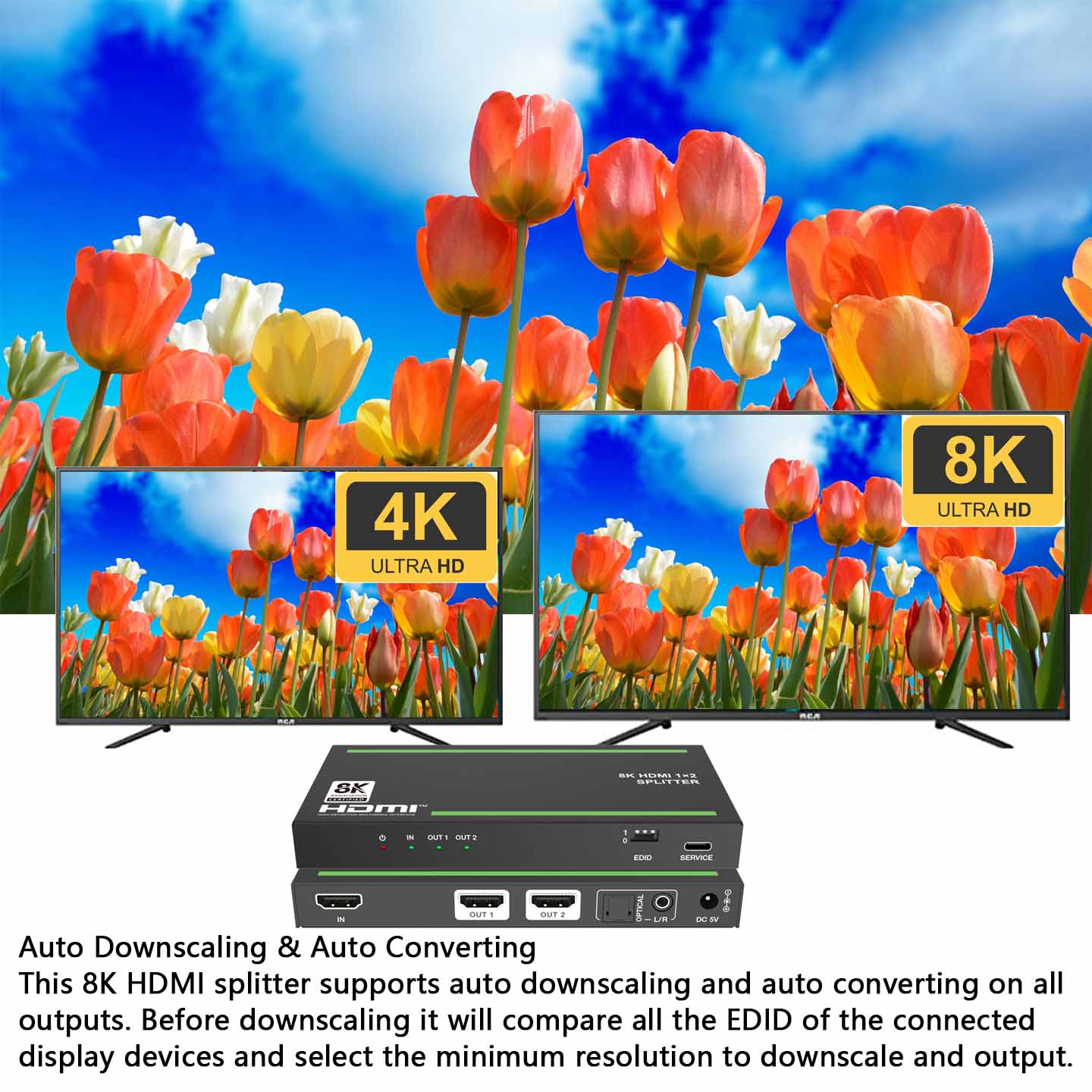 8K@60Hz HDMI Splitter 1 in 2 out Audio Extractor EDID Management-BUNGPUNG