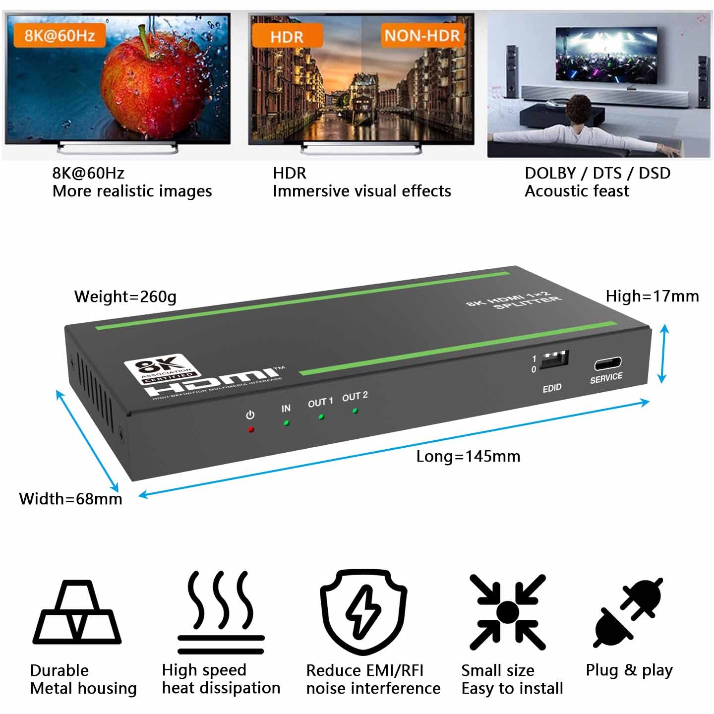 8K@60Hz HDMI Splitter 1 in 2 out Audio Extractor EDID Management-BUNGPUNG