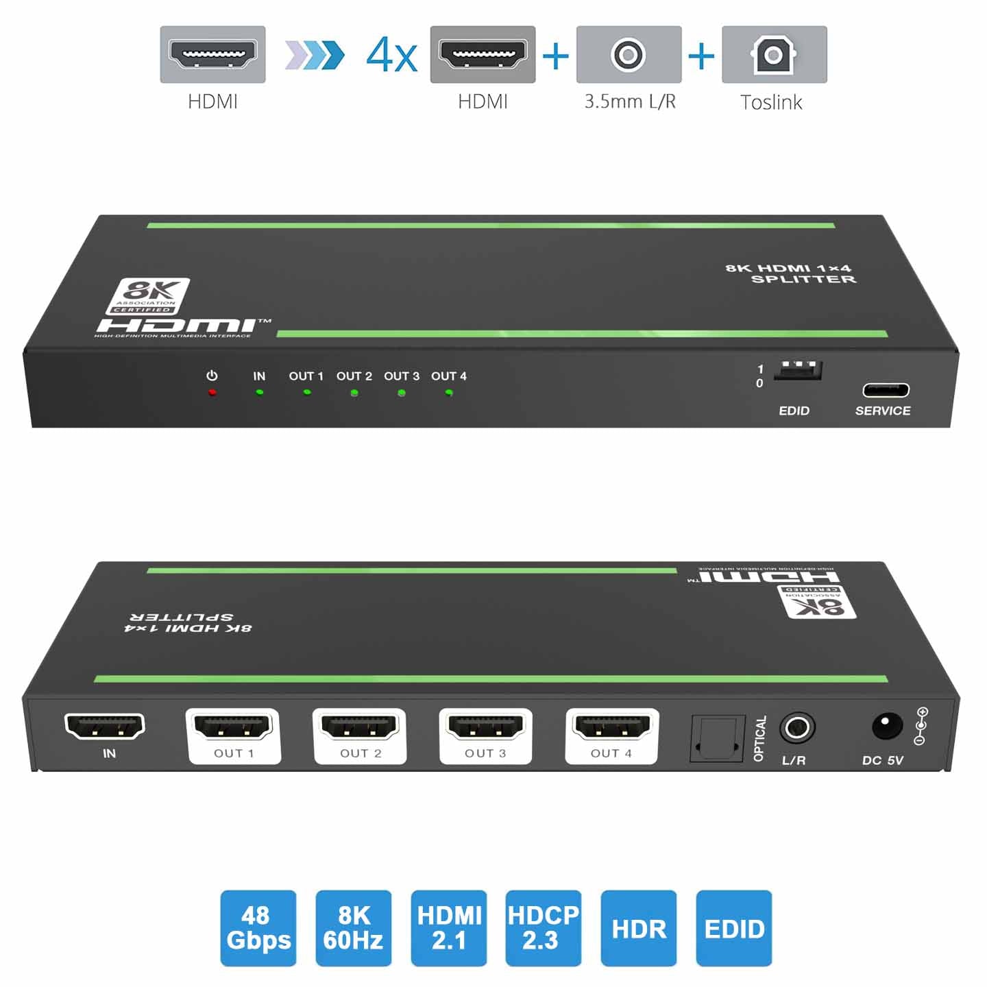 8K@60hz HDMI Splitter 1 in 4 out Audio Extractor EDID Management-BUNGPUNG