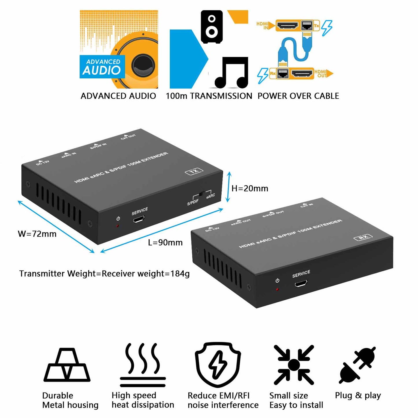 HDMI eARC SPDIF Audio Extender over Cat6 Cable 100m size