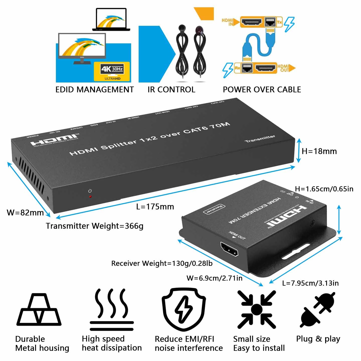 1x2 HDMI Splitter Extender over Cat6/7 Cable 70m 1080P 60Hz feature