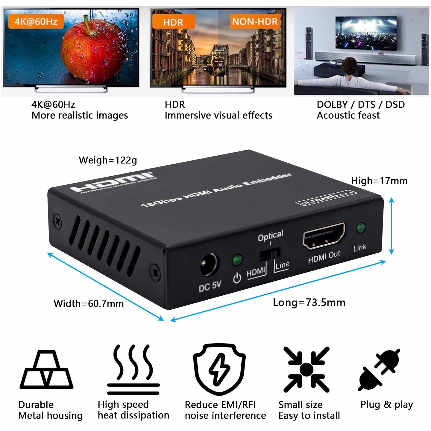 HDMI Audio Embedder Inserter 4K 60Hz size