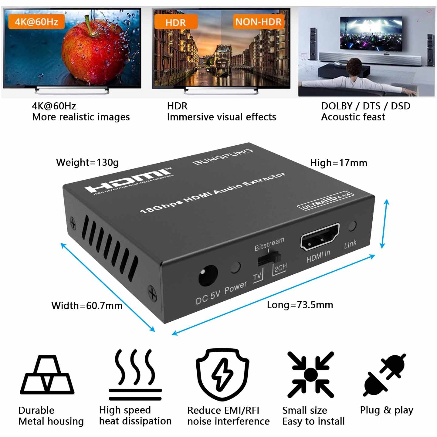 HDMI Audio Extractor 4K 60Hz size