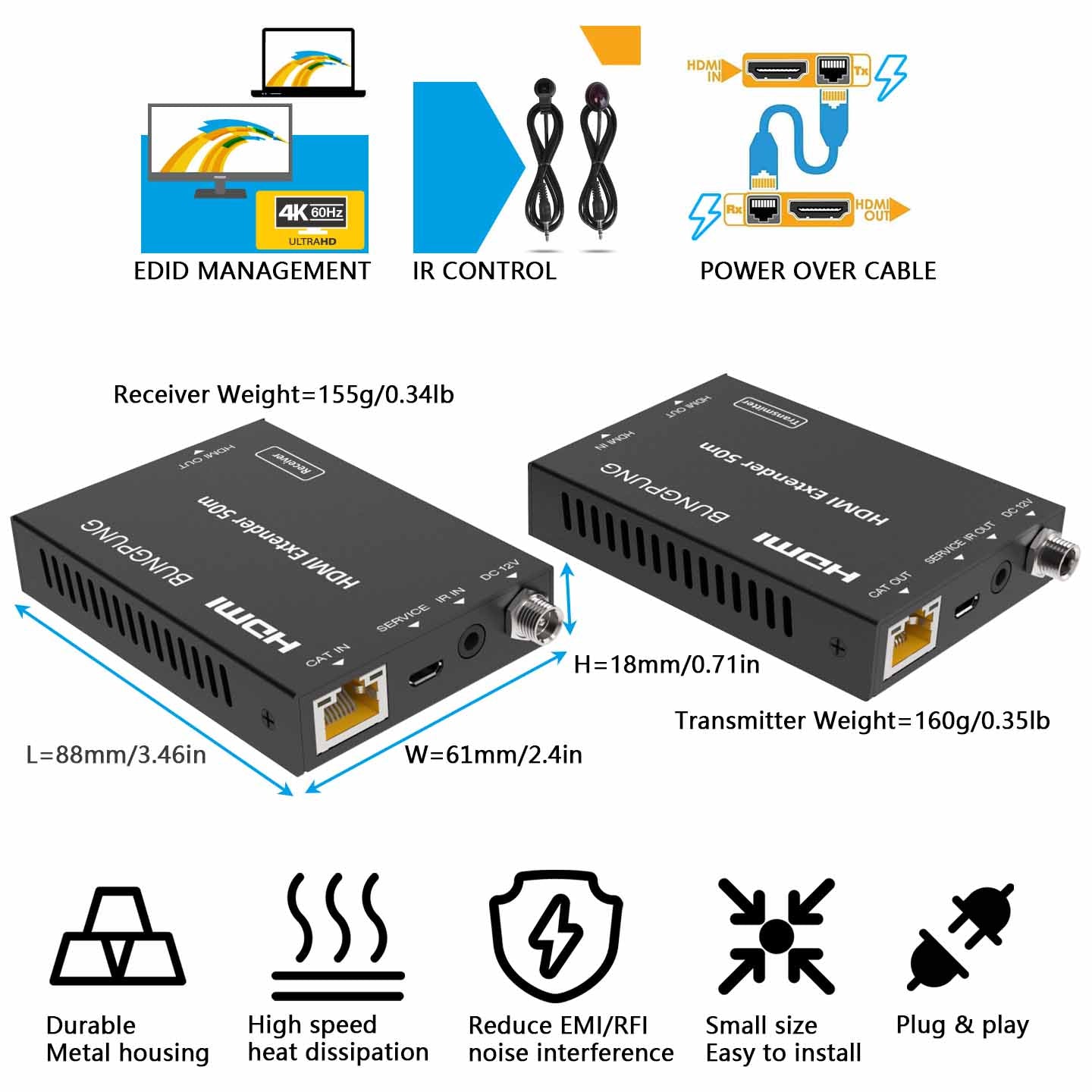 HDMI Extender over CAT5e/6 Cable with IR Transmission 50M 4K 60Hz size