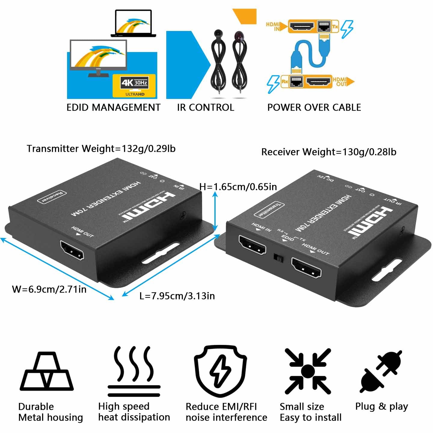 HDMI Extender over CAT5e/6 Cable with IR Transmission 70M 1080P 60Hz size