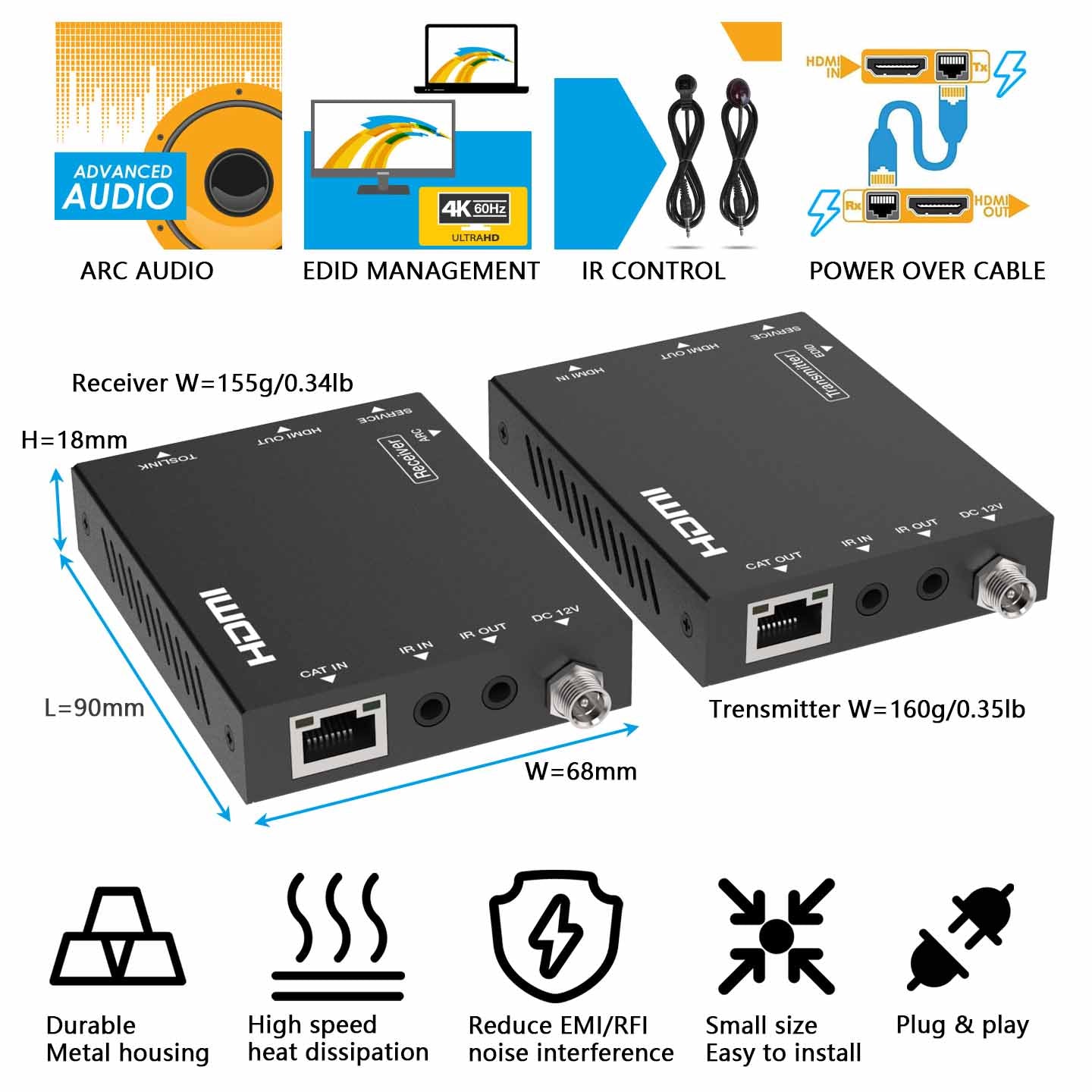 4K HDMI Extender over CAT6 Cable 70m IR Transmission ARC size