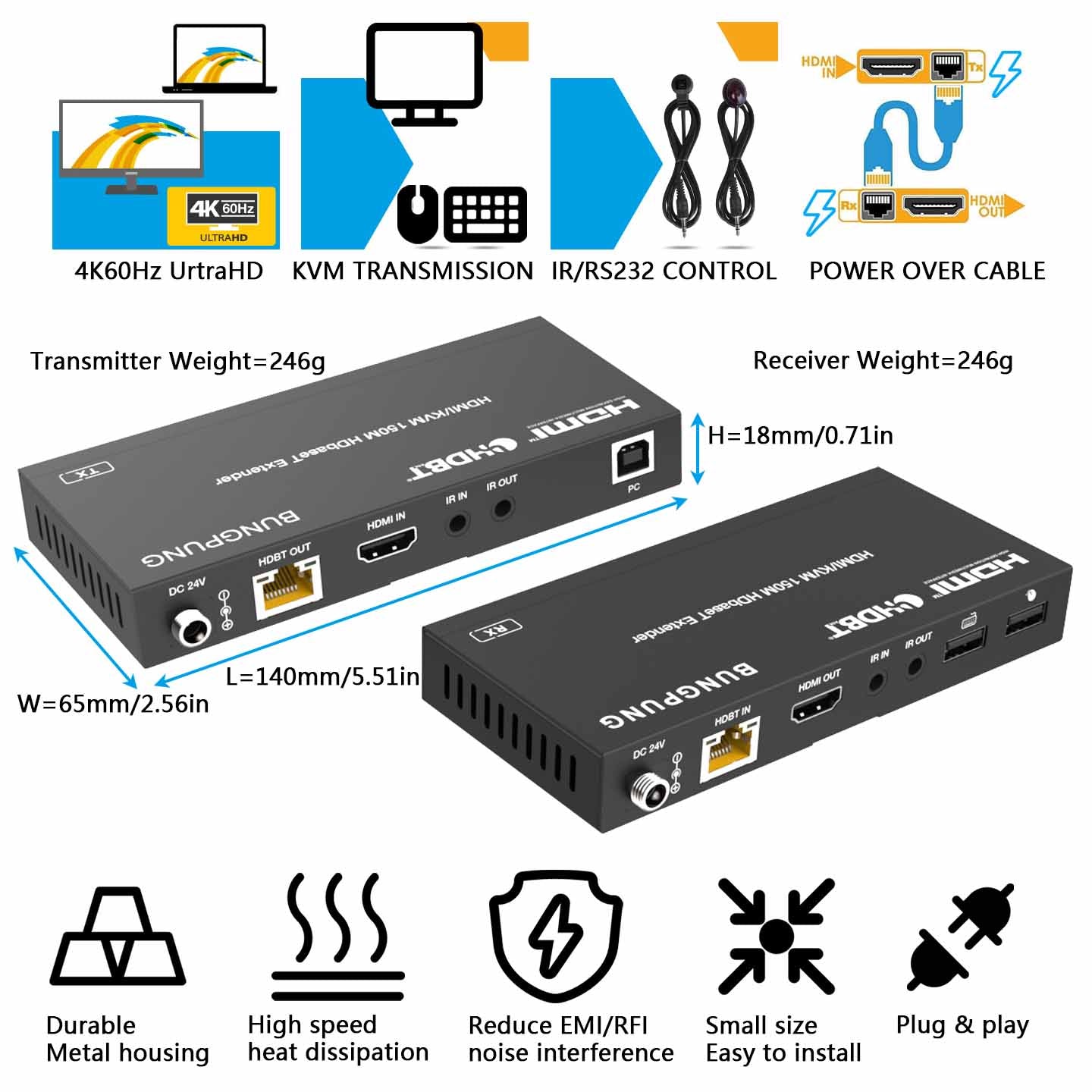 4K HDBaseT HDMI KVM Extender over CAT6 Cable 150m USB IR size
