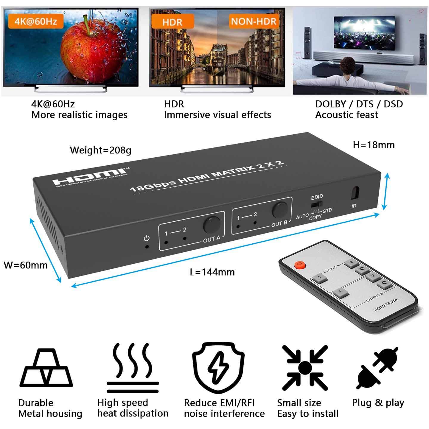 HDMI Matrix Switch 2x2 4K 60Hz with Audio Extractor size
