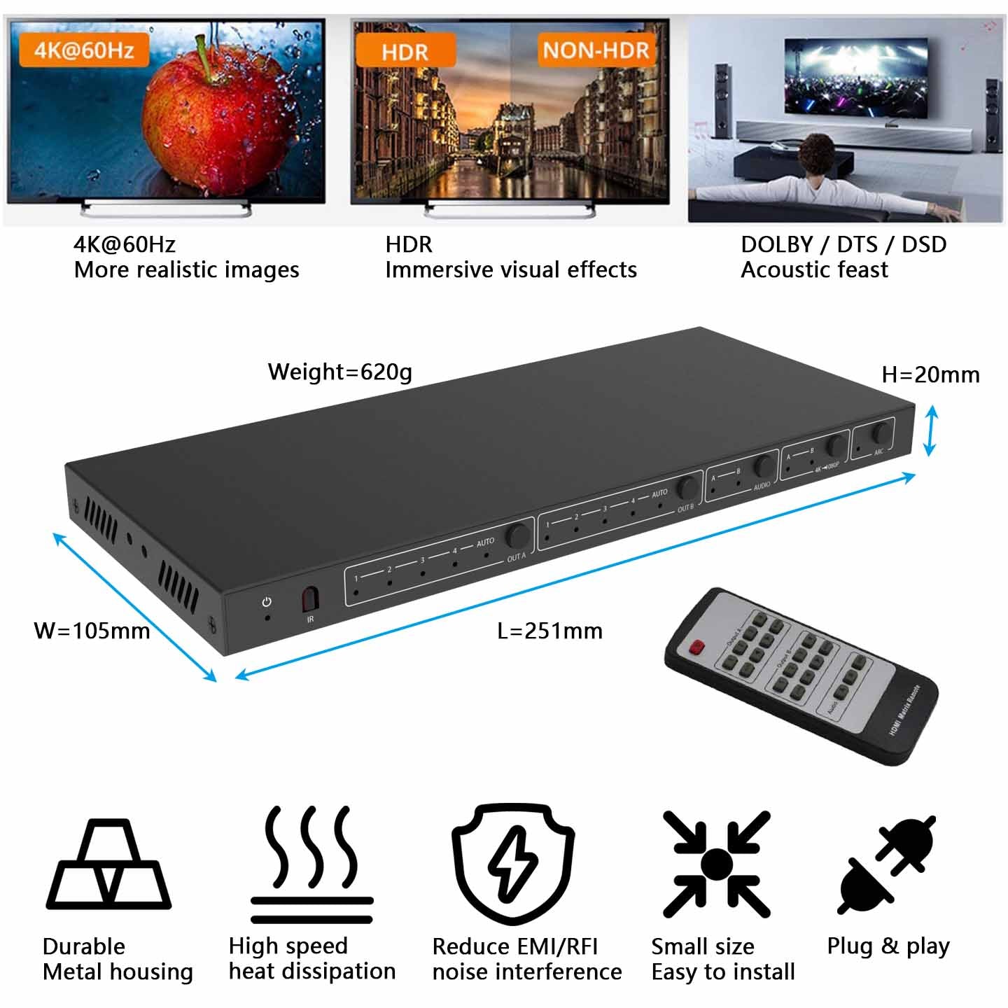 HDMI Matrix Switch 4x2 4K 60Hz Audio Extractor size