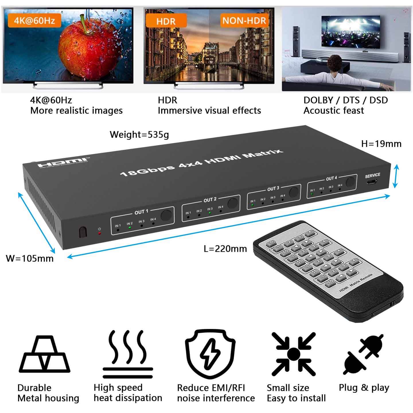 HDMI Matrix Switch 4x4 4K 60Hz size