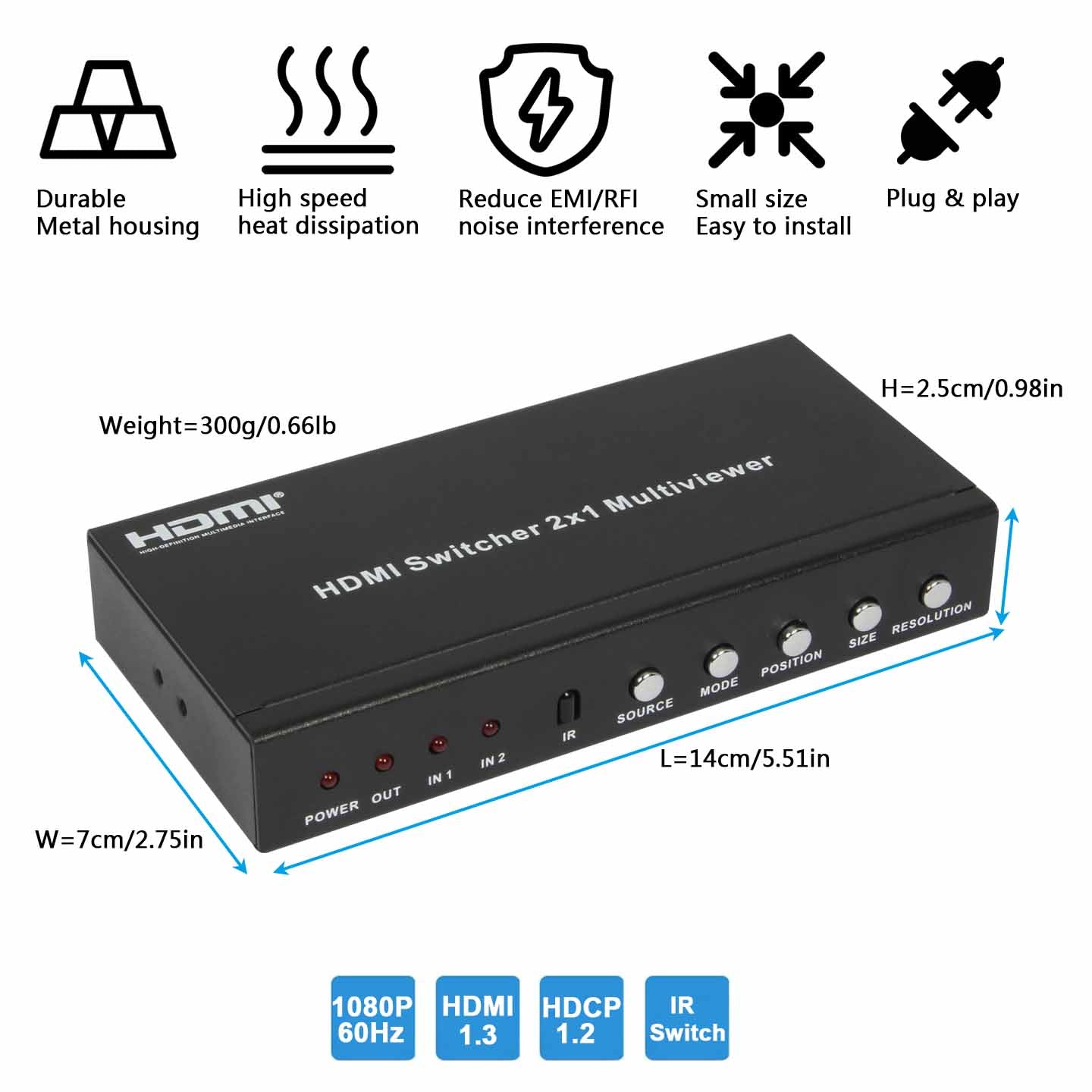 HDMI Multiviewer 2x1 1080P 60Hz size