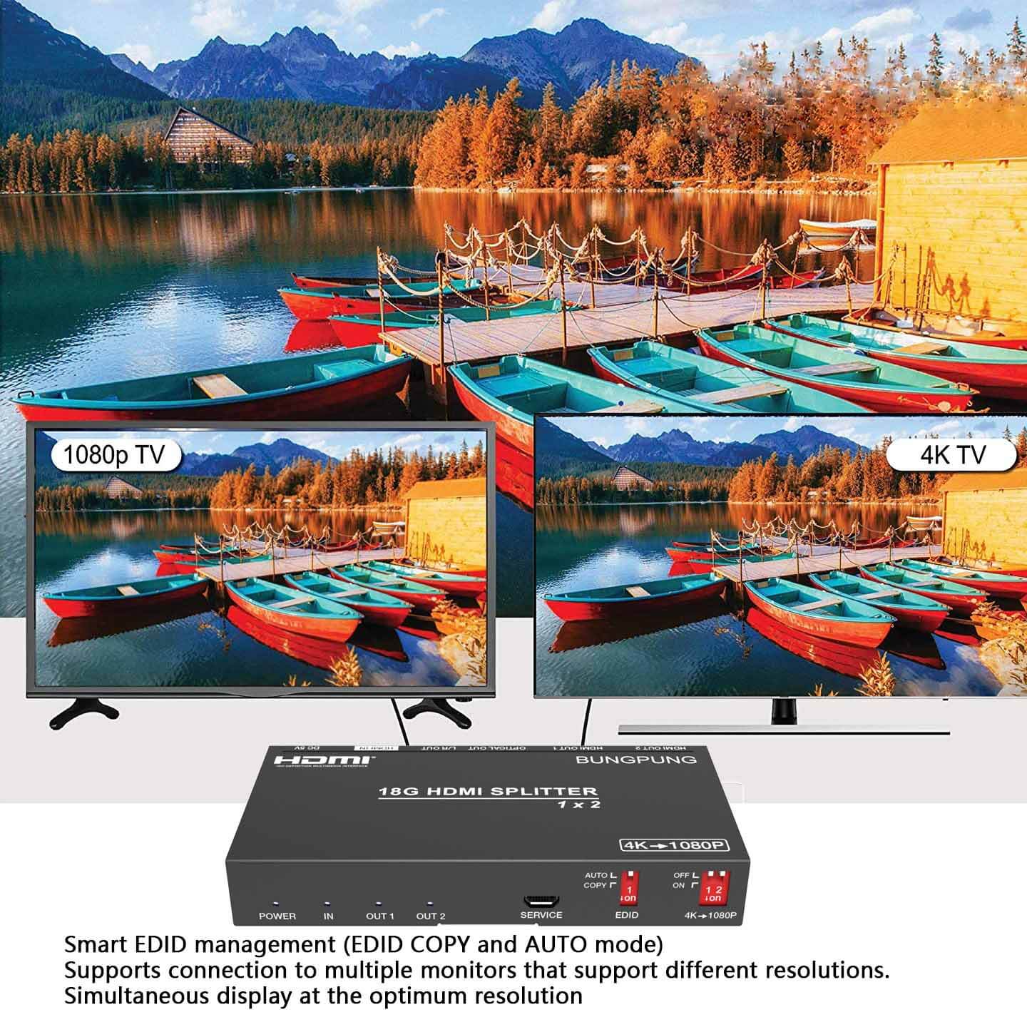 HDMI Splitter 1 in 2 out 4K 60Hz Audio Extractor EDID