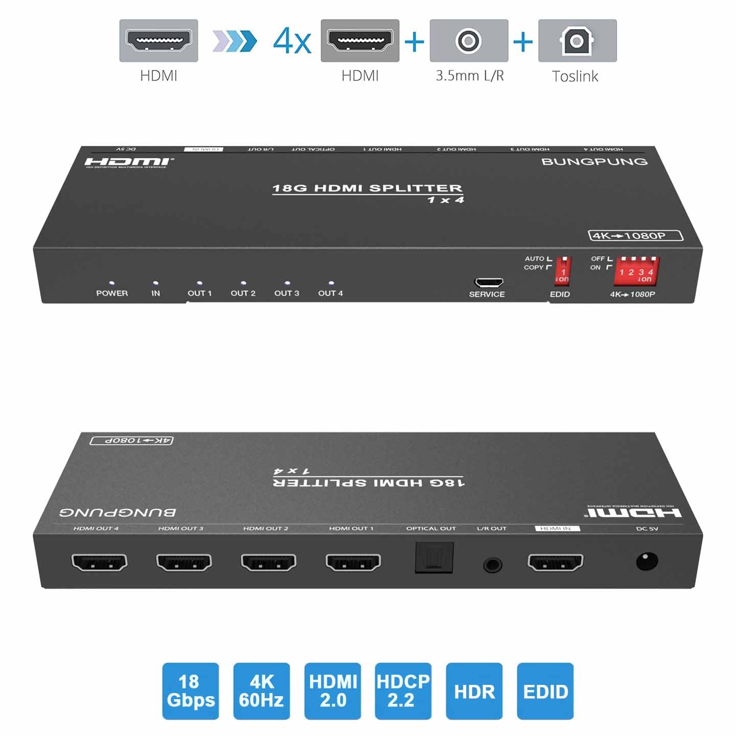 4K 120Hz HDMI Splitter 1 in 4 Out, 8K@60Hz 1x4 Audio Video HDMI Distributor with Power Supply, HDMI Distributor Box Support 3D HDR 4K 120Hz HDMI Splitter 1 in 4 Out, 8K@60Hz 1x4 Audio Video HDMI Distributor with Power Supply, HDMI Distributor Box Support 3D HDR