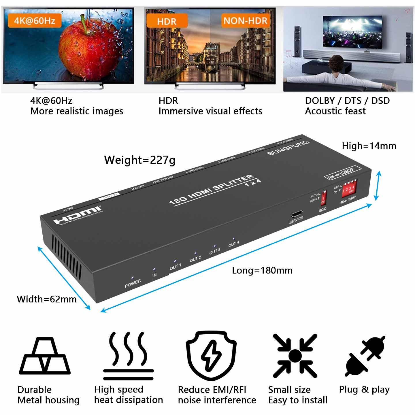HDMI Splitter 1 in 4 out 4K 60Hz Audio Extractor size