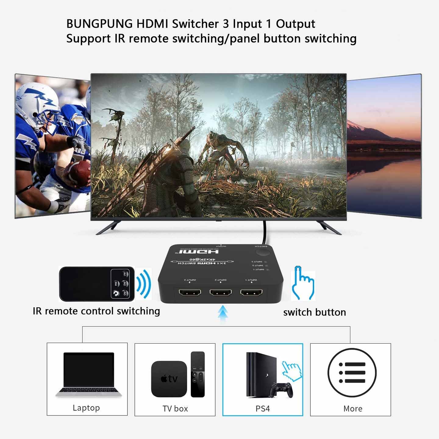 HDMI Switch 3 in 1 out 4K 60Hz description