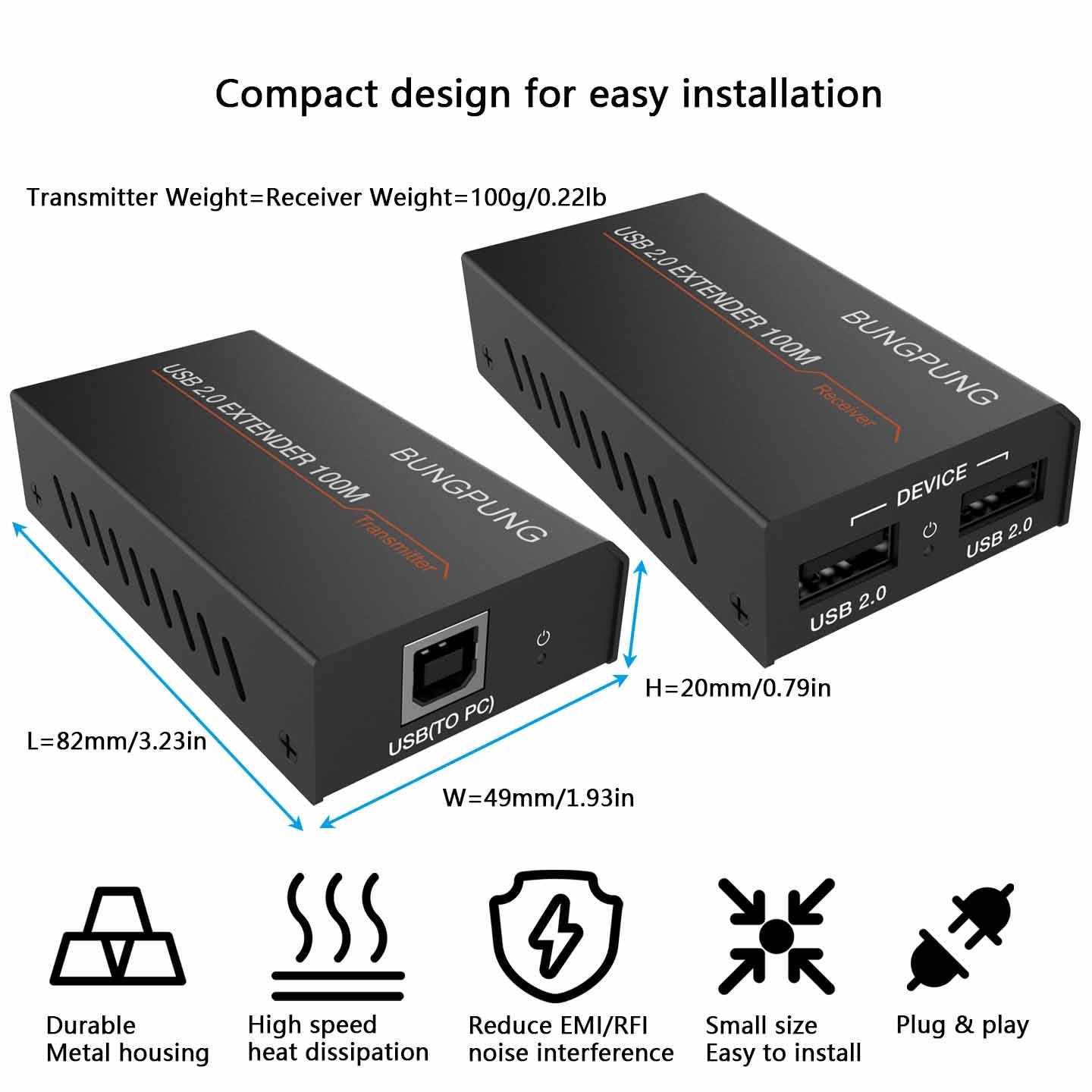 USB 2.0 Extender via CAT5e/6 LAN cable 100m transmission size