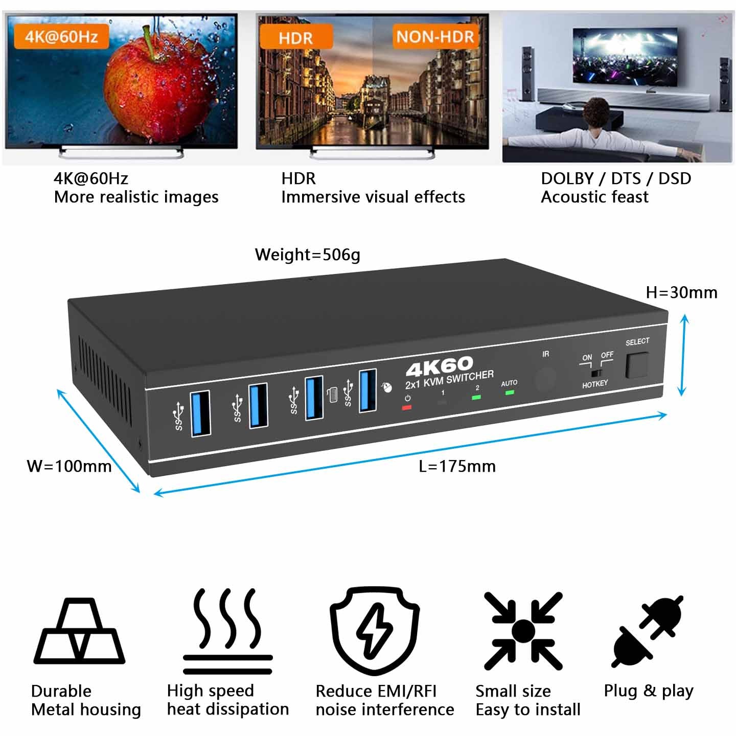 4K@60Hz 2x1 HDMI KVM Switch Audio Extractor IR RS232 Control-BUNGPUNG