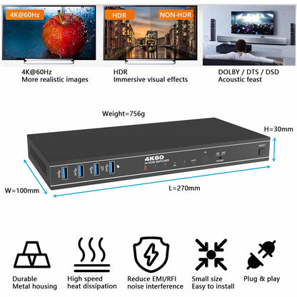 4K@60Hz 4x1 HDMI KVM Switch Audio Extractor IR RS232 Control-BUNGPUNG