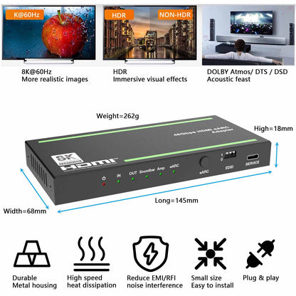 8K HDMI ARC/eARC Audio Adapter Converter Extractor SPDIF L/R Out-BUNGPUNG