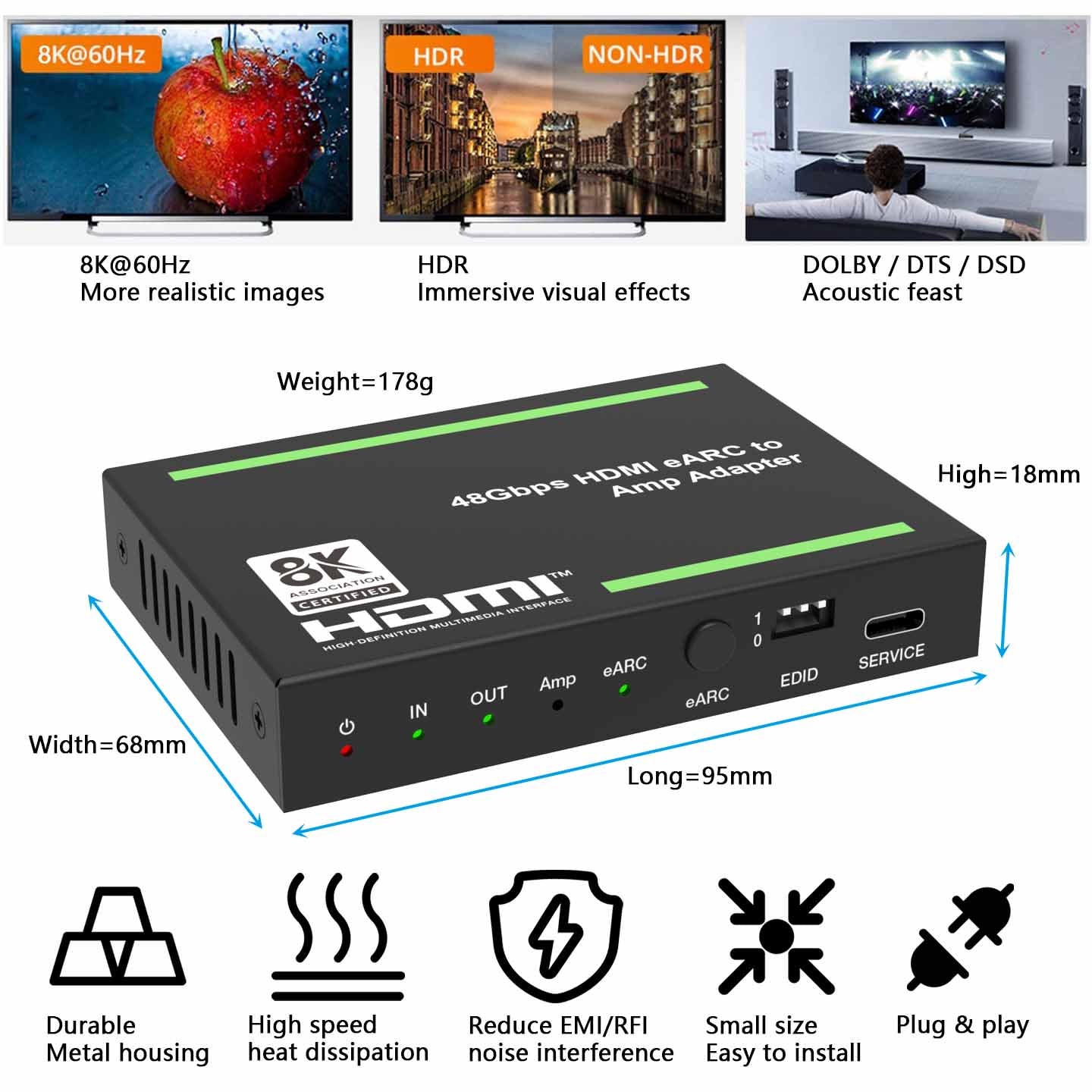 CAMWAY eARC naar RCA optisch 3,5 mm HDMI audio-splitter, ARC-adapter met 1 m HDMI-kabel, ondersteunt 5.1-kanaals surround sound-audiosignaal voor