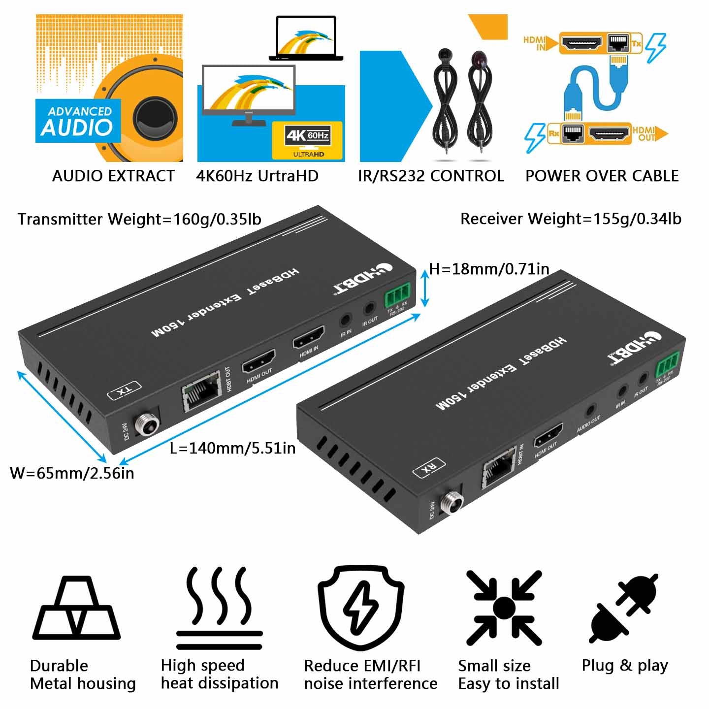 Additional Receiver for HDMI Extender/Splitter on Cat.6 Cable 1080p@60Hz up  to 120m - Audio Video Extender - Audio Video