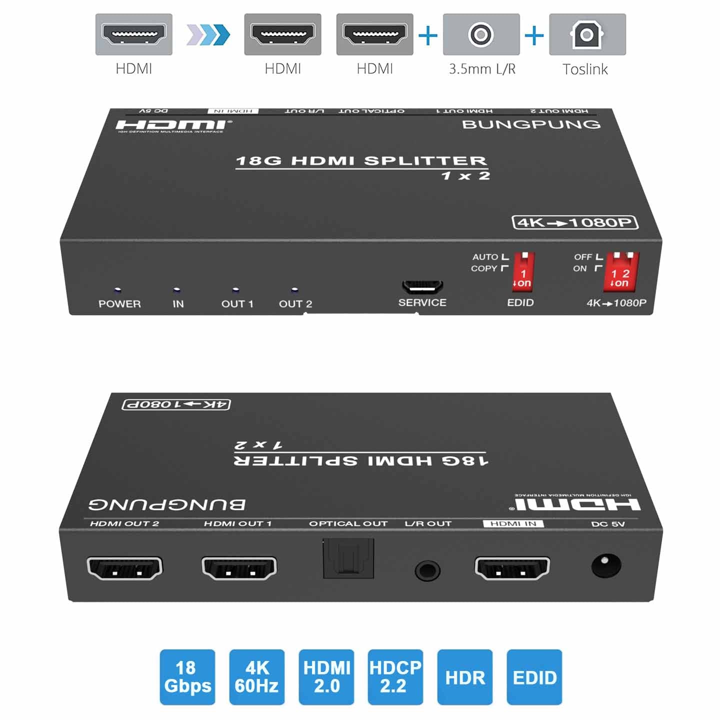 Split Hdmi Output 4K HDMI Splitter 1 in 2 out Audio Extractor EDID Management-BUNGPUNG