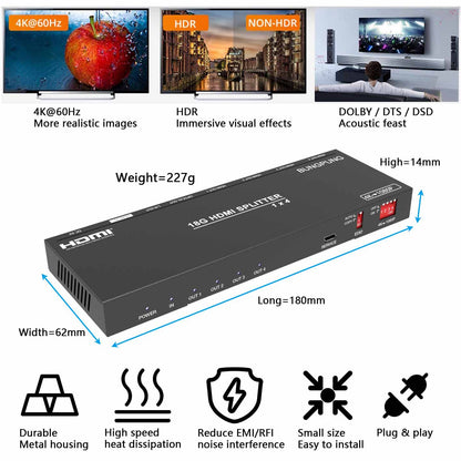 HDMI Splitter 1 in 4 out 4K 60Hz Audio Extractor size